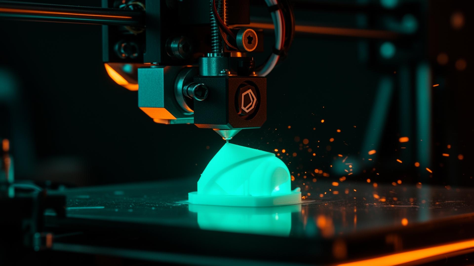 Stampante 3D in azione con filamento luminoso